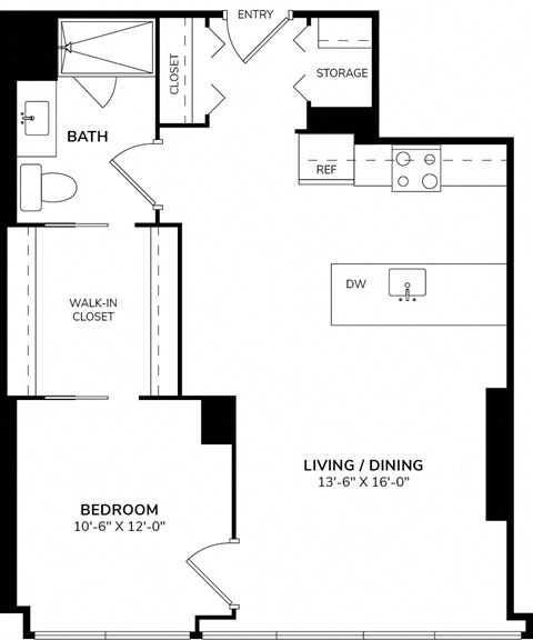 A black and white image of a floor plan for a small apartment.